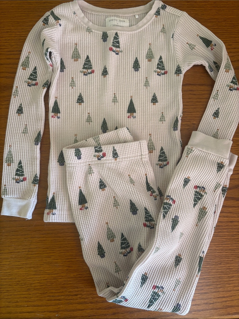 Petit Lem Christmas Holiday Thermal Pajama Set with Green Tree Print